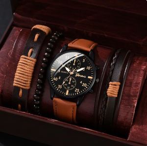 New Mens 4-Piece Leather Watch Set