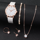 6pcs/set Fashion Women Leather Strap Quartz Watch & Diamond-Inspired Jewelry Set