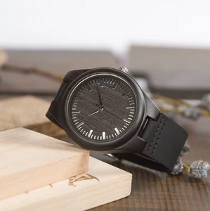 Black Wood Watch for Men Black Genuine Leather Strap