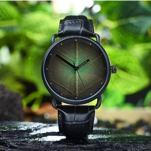 Real Leaf Dial Fashion Wristwatch Genuine Leather Strap