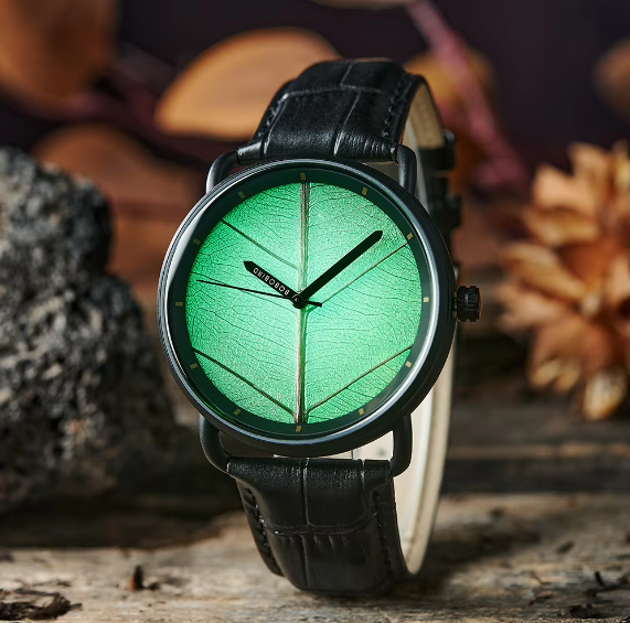 Real Leaf Dial Fashion Wristwatch Genuine Leather Strap