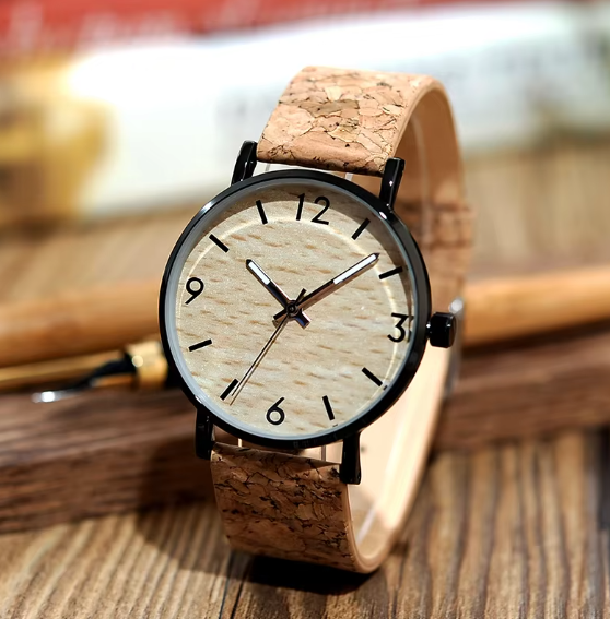 Wood Grain Dial Quartz Watch with Soft Cork Band for Men