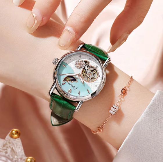 Women Top Fashion Moon Phase Waterproof Lady Automatic Mechanical Watch