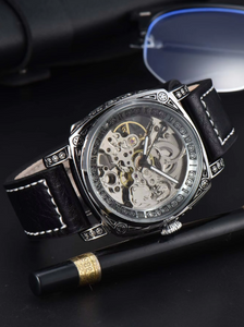 Retro Style Mechanical Skeleton Carve Waterproof Leather Wristwatch