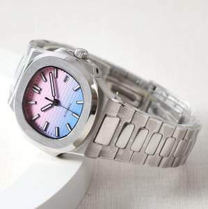 Pink Blue Automatic Mechanical Nautilus Waterproof Steel Strap WristWatch