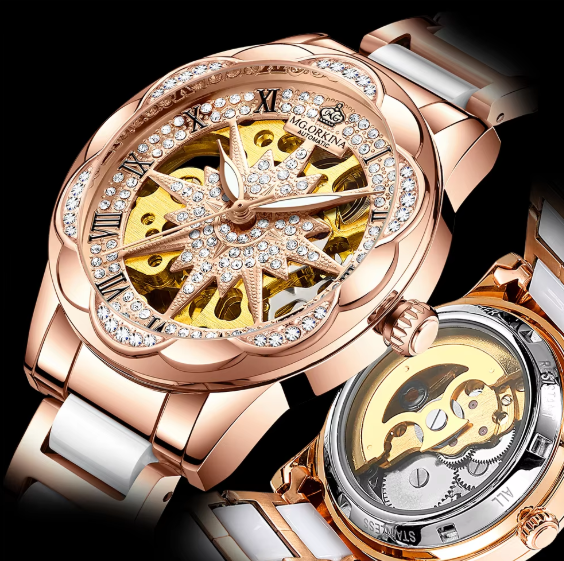 Women Skeleton Automatic Mechanical Watch Ceramic Stainless Steel Strap