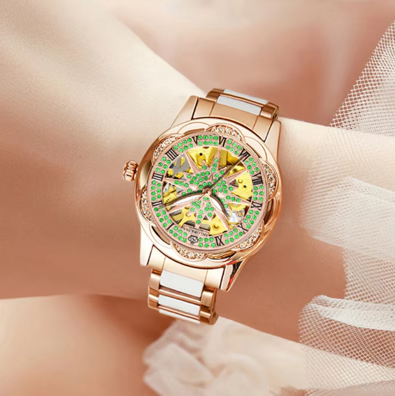 Women Skeleton Automatic Mechanical Watch Ceramic Stainless Steel Strap