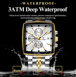 Square Sport Waterproof Luminous Chronograph Stainless Steel Quartz Men's Watch