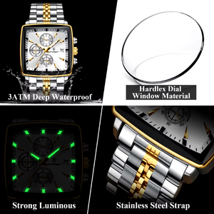 Square Sport Waterproof Luminous Chronograph Stainless Steel Quartz Men's Watch