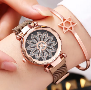 Flowers Mesh Band Quartz Magnet Watch