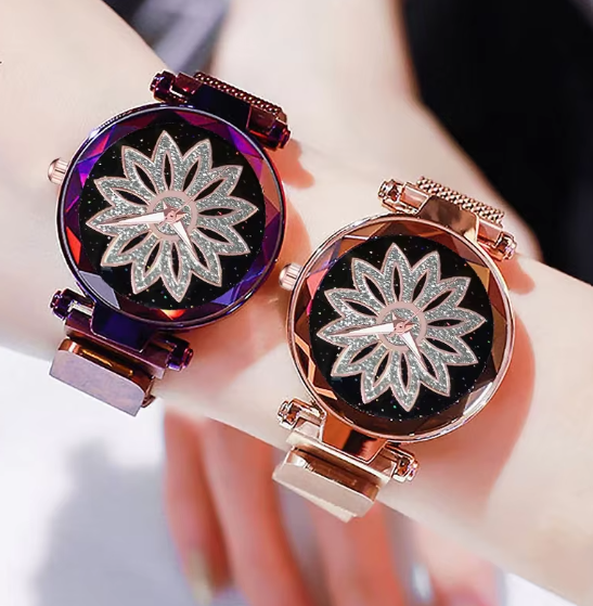 Flowers Mesh Band Quartz Magnet Watch