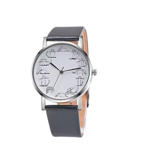 Cat Dial Casual Female Leather Quartz Wristwatch