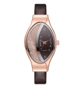 Oval Women Crystal Leather Strap Quartz Wristwath