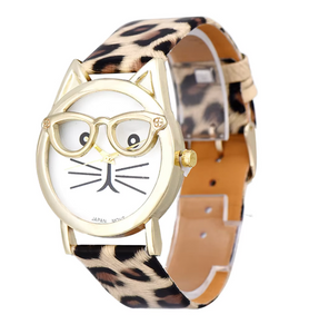 Cute Glasses Cat Case Ladies Leather Band Quartz Wristwatch