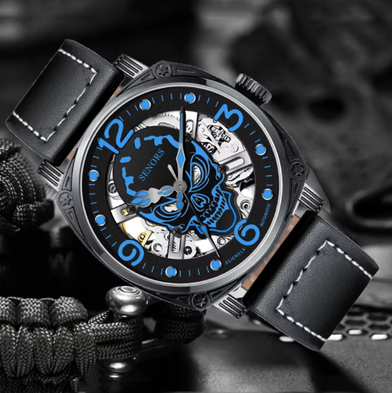 Luminous Skull Shape Dial Automatic Mechanical Leather Wristwatch