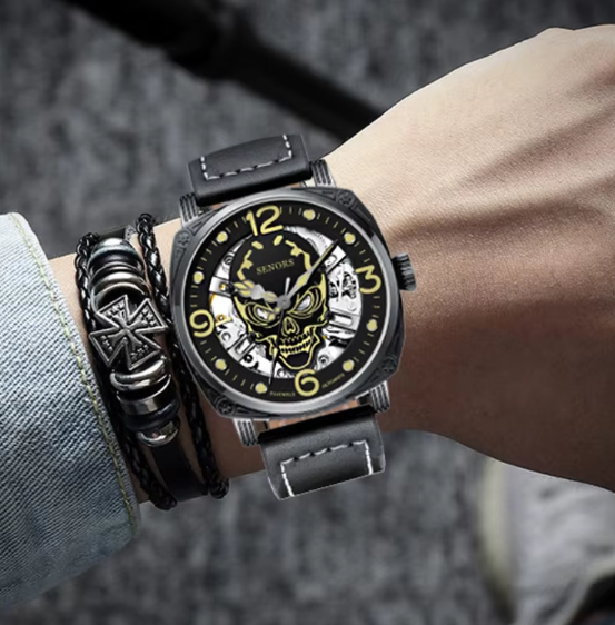 Luminous Skull Shape Dial Automatic Mechanical Leather Wristwatch