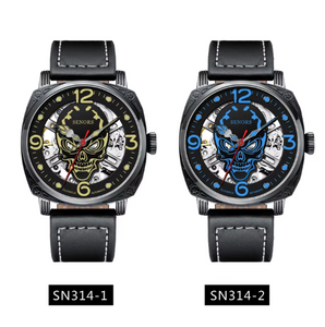 Luminous Skull Shape Dial Automatic Mechanical Leather Wristwatch