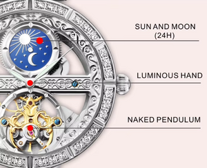 Sun And Moon Waterproof Ladies Skeleton Tourbillon Wristwatch