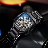 Skeleton Men Fashion Stainless Steel Square Dial Luminous Mechanical Watch